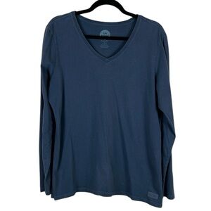 Life is Good Cotton Casual V Neck Long Sleeve Crusher Tee Large Blue